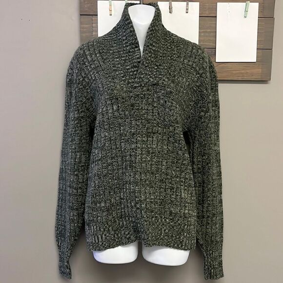 Lambs Wool Blend Heather Green Long Sleeve Cable Knit Cross Cowl Neck Sweater-PL - Picture 1 of 13